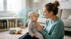 Speech and language development milestones in babies before first words, showing infant communication through eye contact, gestures, babbling, listening, and early social interaction.