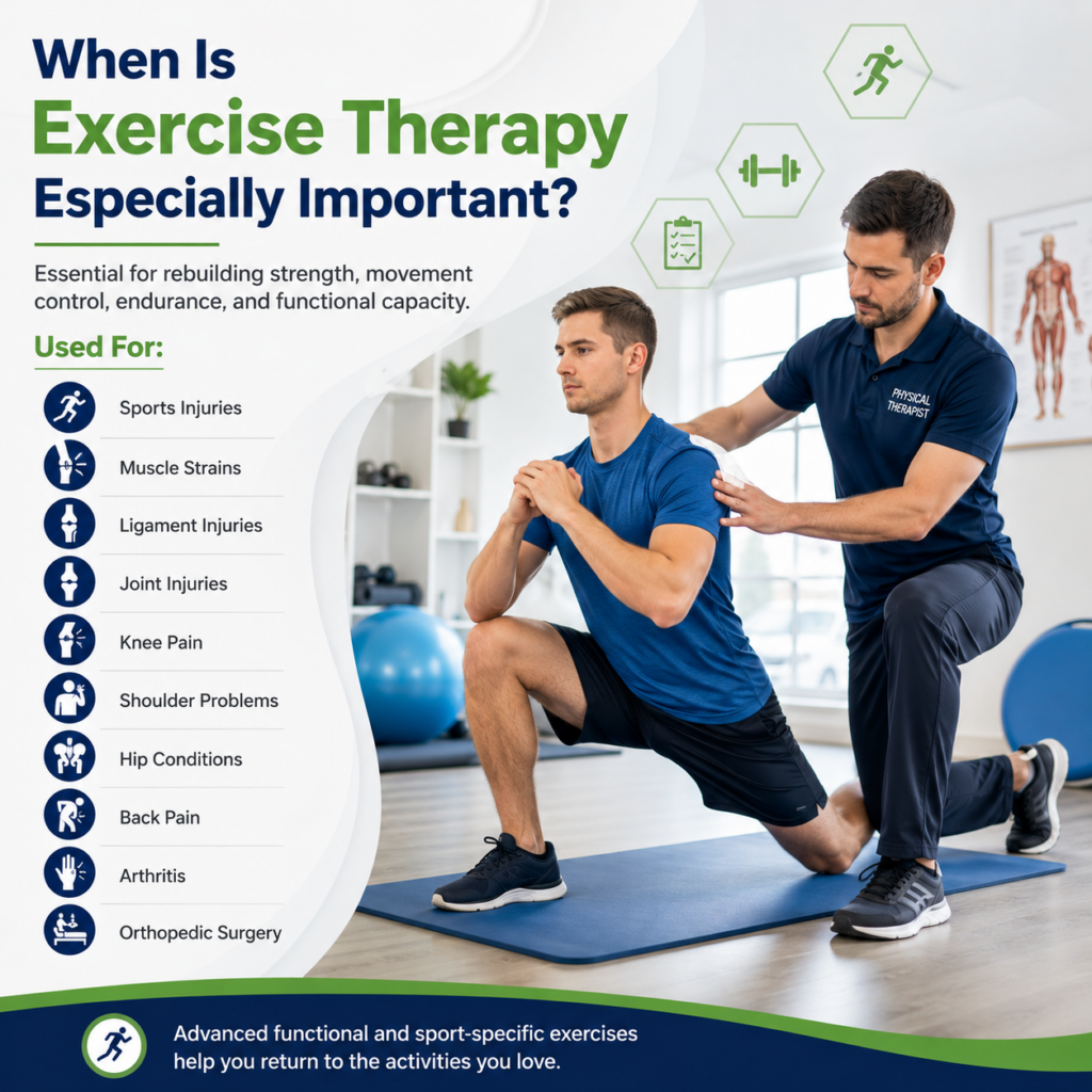 Orthopedic Conditions That May Benefit From Physical Therapy Orthopedic physical therapy can be used as part of rehabilitation for many musculoskeletal conditions, including: Knee Pain Physical therapy may focus on strengthening, mobility, balance, and movement mechanics to help patients improve function. Shoulder Injuries Rehabilitation may address shoulder mobility, rotator cuff strength, stability, and functional movement. Back Pain Treatment may include therapeutic exercise, movement education, strengthening, mobility work, and other interventions based on the individual's symptoms. Hip Pain A physical therapist may work on hip mobility, strength, balance, and functional movement. Arthritis Exercise and physical activity are commonly used to help people with arthritis maintain mobility, strength, and function. Sports Injuries Athletes may require progressive strengthening, balance training, movement retraining, and sport-specific rehabilitation before returning to competition.